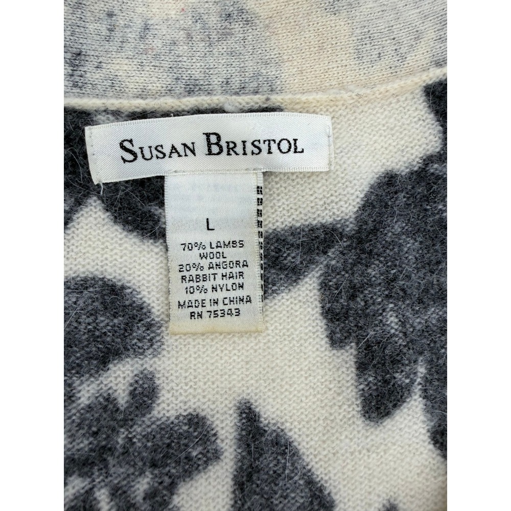 Susan Bristol Lambswool Angora Floral Cardigan Sweater Cream Black Large - Picture 4 of 7
